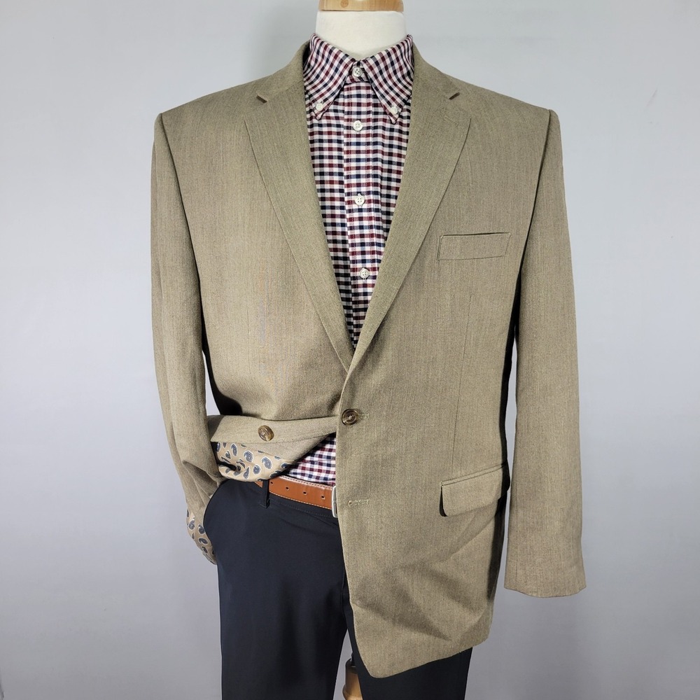 Chaps Men's Sport Coat‎ Blazer Two Button Beige Birds Eye Polyester Blend 46R